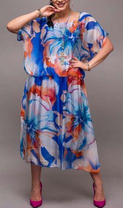 Obrazek Sukienka elegancka LILLY jedwab midi krótki rękaw kwiaty Włochy