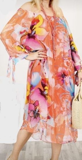 Obrazek Sukienka elegancka LUNA Storczyk midi/maxi hiszpanka jedwab XXS - 42/44 Włochy