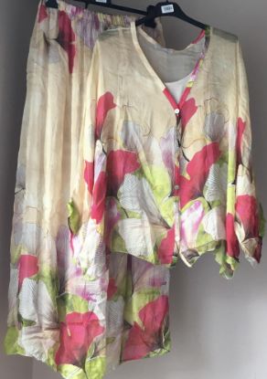 Obrazek Komplet elegancki, zestaw 3w1 TARA Miłorząb jedwab koszula, top i spodnie UNI od XS/S do 42/44 Włochy