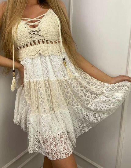 Obrazek Sukienka mini BOHO na ramiączkach, koronka haft XXS - S Włochy
