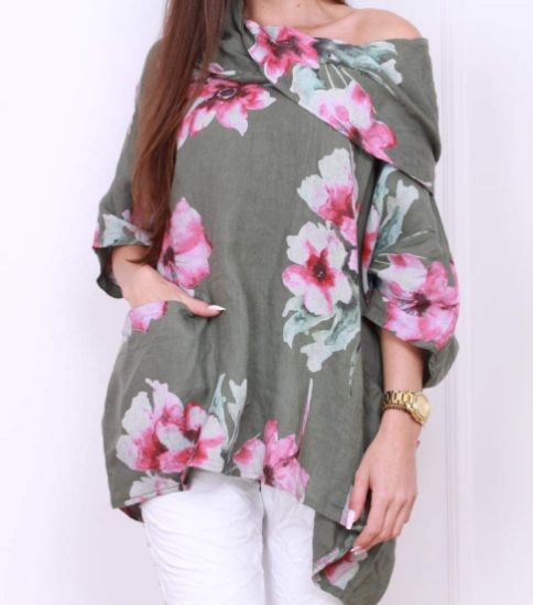 Obrazek Tunika len asymetryczna magnolie M/L - 58/60 Włochy