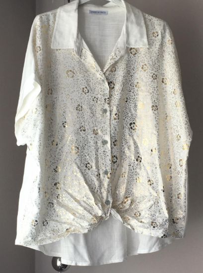 Obrazek Koszula len krótki rękaw ze złotym ornamentem S/M - 44/46 Włochy