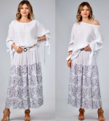 Obrazek Spódnica elegancka len maxi z paskiem lnianym Gratis, haft kwiaty UNI od M do 46 Włochy