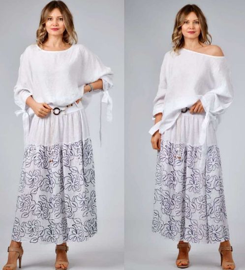 Obrazek Spódnica elegancka len maxi z paskiem lnianym Gratis, haft kwiaty UNI od M do 46 Włochy