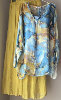 Obrazek Komplet elegancki, zestaw 3w1 TARA Marmur jedwab koszula, top i spodnie UNI SLIM od XS/S do 38/40 Włochy