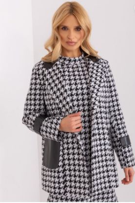 Obrazek Marynarka elegancka pepitka biało-czarna z eko skórą UE